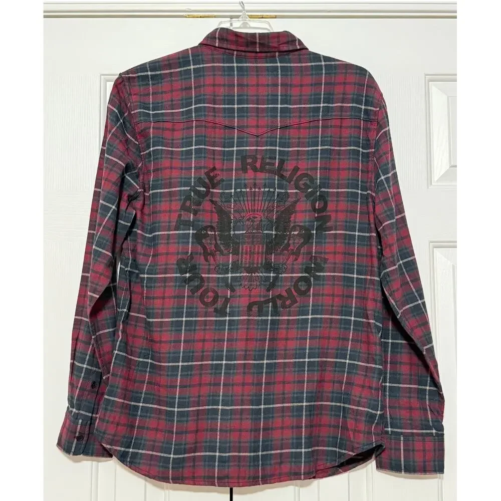 Men's True Religion Flannel Plaid Button Up Western Shirt, Size L
